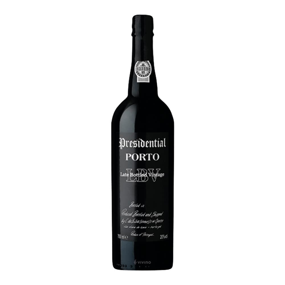 A bottle of Presidential LBV Porto wine on a plain white background, featuring a dark glass bottle with white label text and a circular seal near the top.