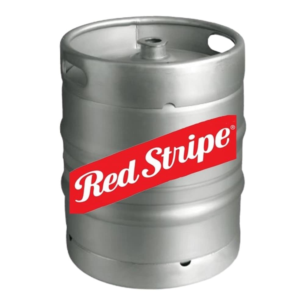 Silver metal beer keg with Red Stripe logo and branding on a plain white background
