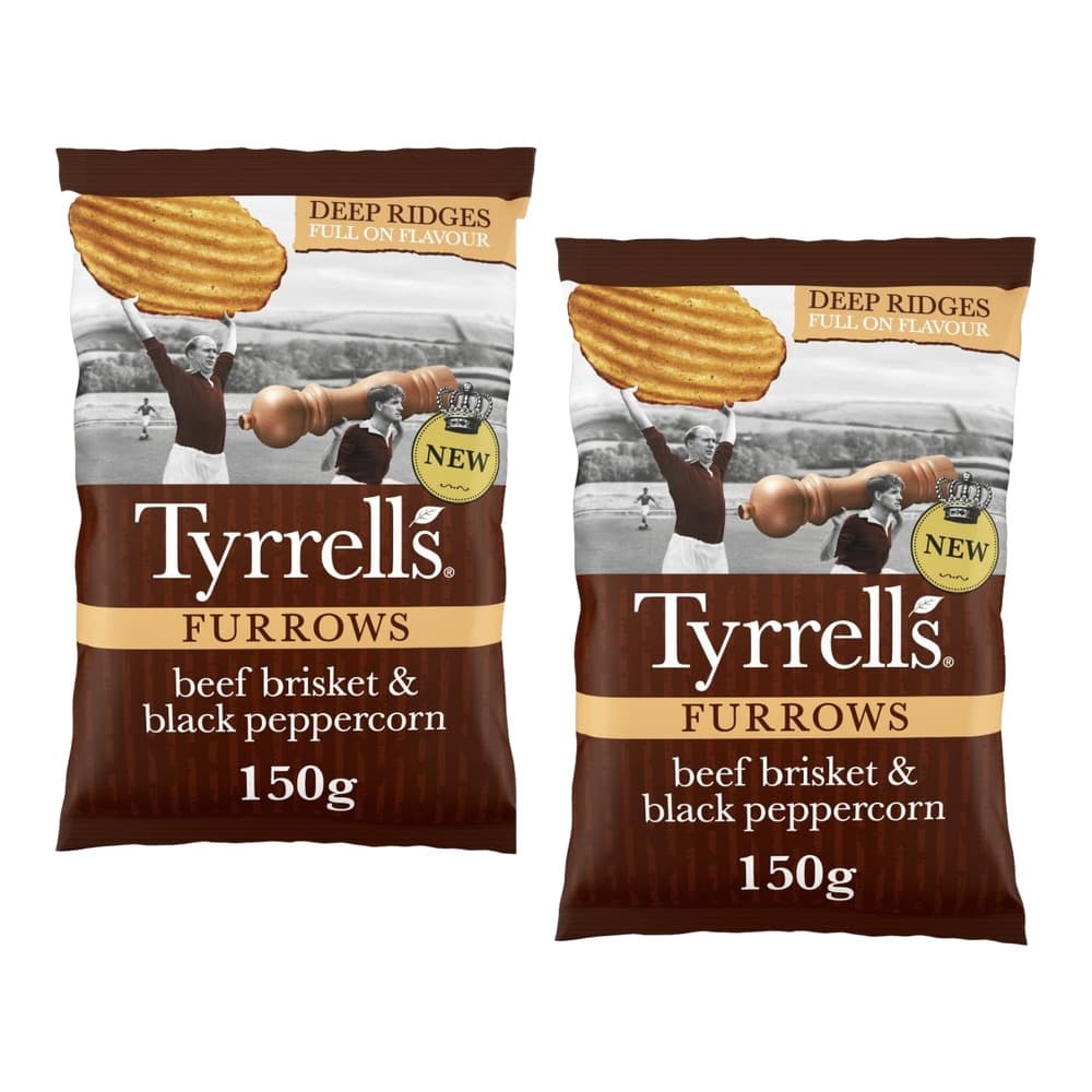 Two bags of Tyrrells Furrows crisps featuring deep ridges and full on flavour, beef brisket and black peppercorn flavour, 150g each, with vintage imagery on packaging.