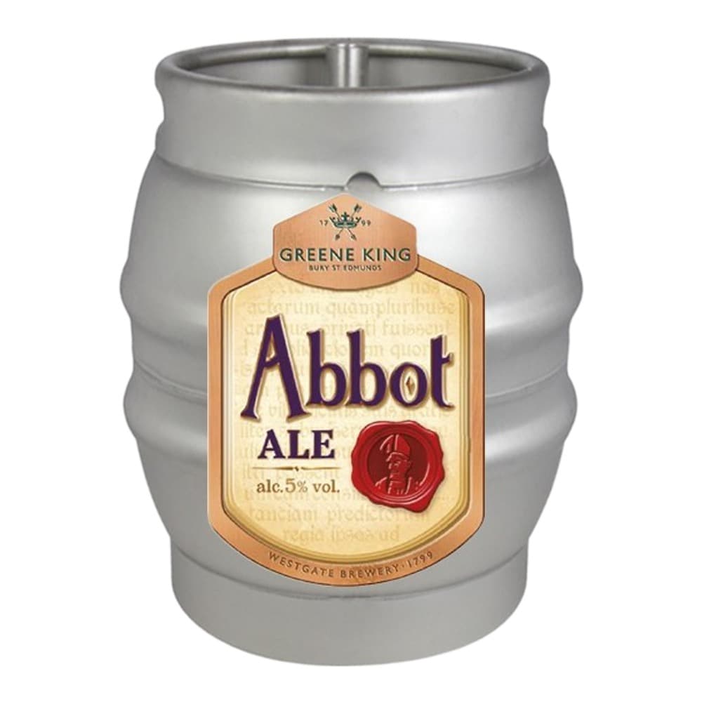 A silver metal beer keg with a cream and gold label featuring the Abbot Ale branding, Greene King logo, and red wax seal.