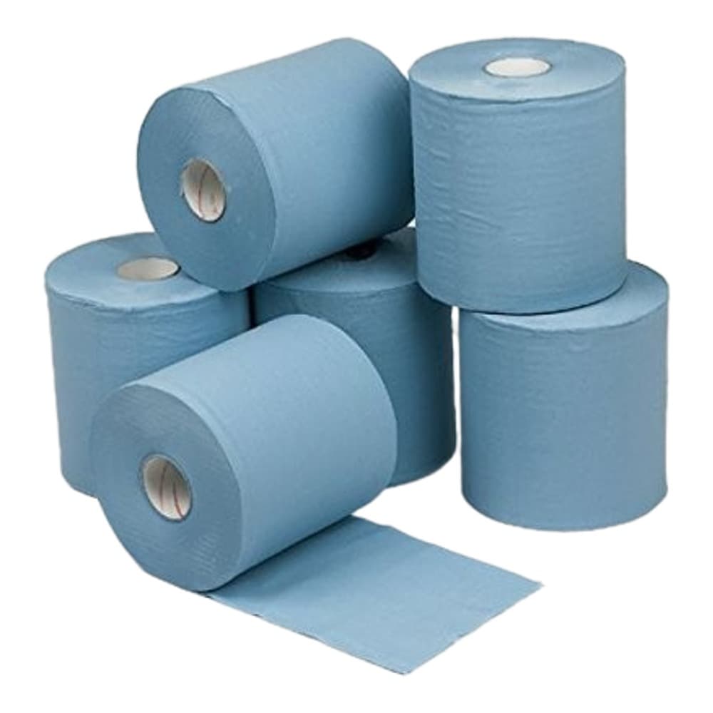 Five blue industrial wiping rolls arranged on a white background, with one roll partially unrolled to show the paper texture.