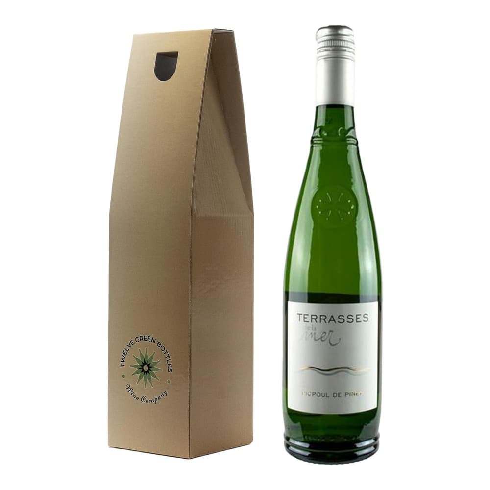 A bottle of Terrasses white wine next to its kraft paper cardboard box with handle, displayed on a white background.