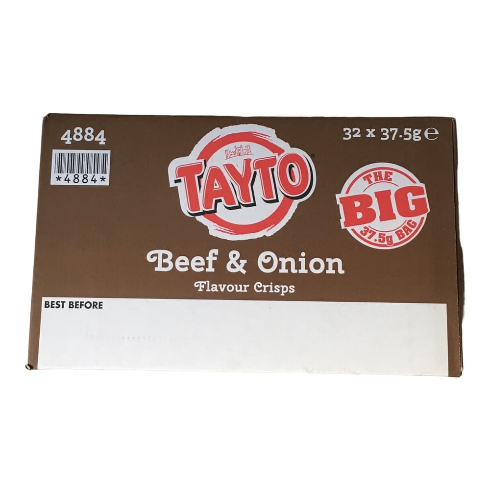 Brown cardboard box of Tayto Beef & Onion Flavour Crisps showing 32 individual packages of 37.5g each