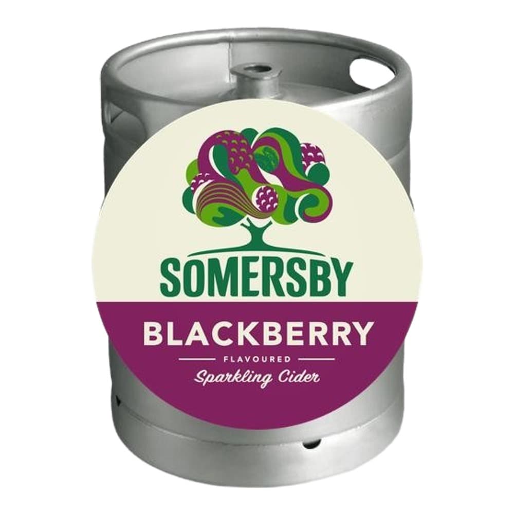 A metal keg of Somersby Blackberry Flavoured Sparkling Cider with cream and purple label featuring blackberry imagery on a white background.