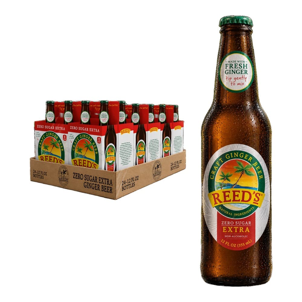 A single bottle of Reed's Craft Ginger Beer Zero Sugar Extra alongside a cardboard case containing 24 bottles of the same product.