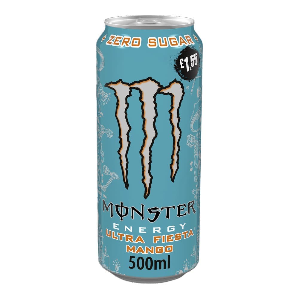 A turquoise Monster Energy drink can featuring the iconic M logo, labelled Ultra Fiesta Mango, 500ml, zero sugar, £1.55