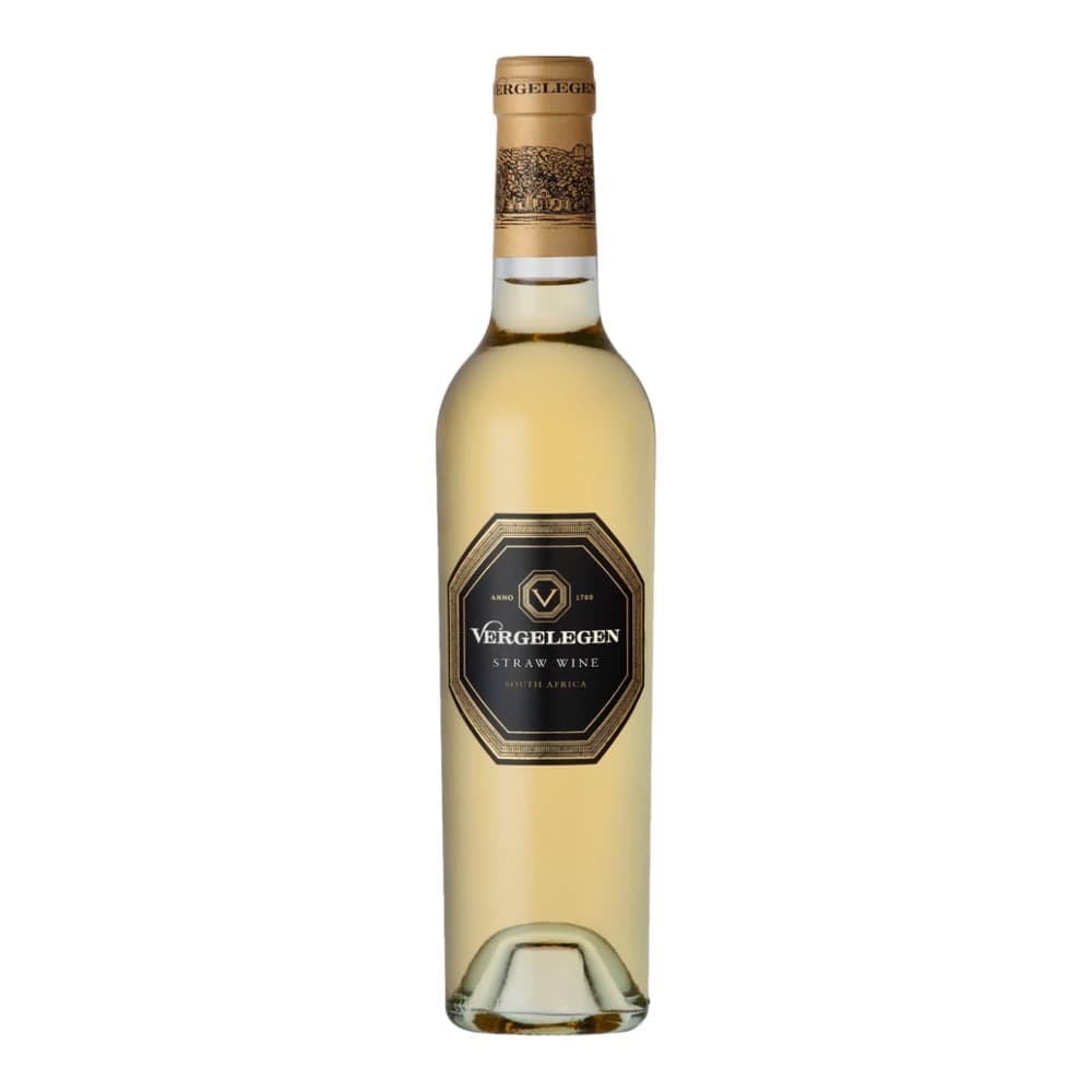 A bottle of Vergelegen Straw Wine from South Africa with pale yellow wine inside, displayed against a white background.