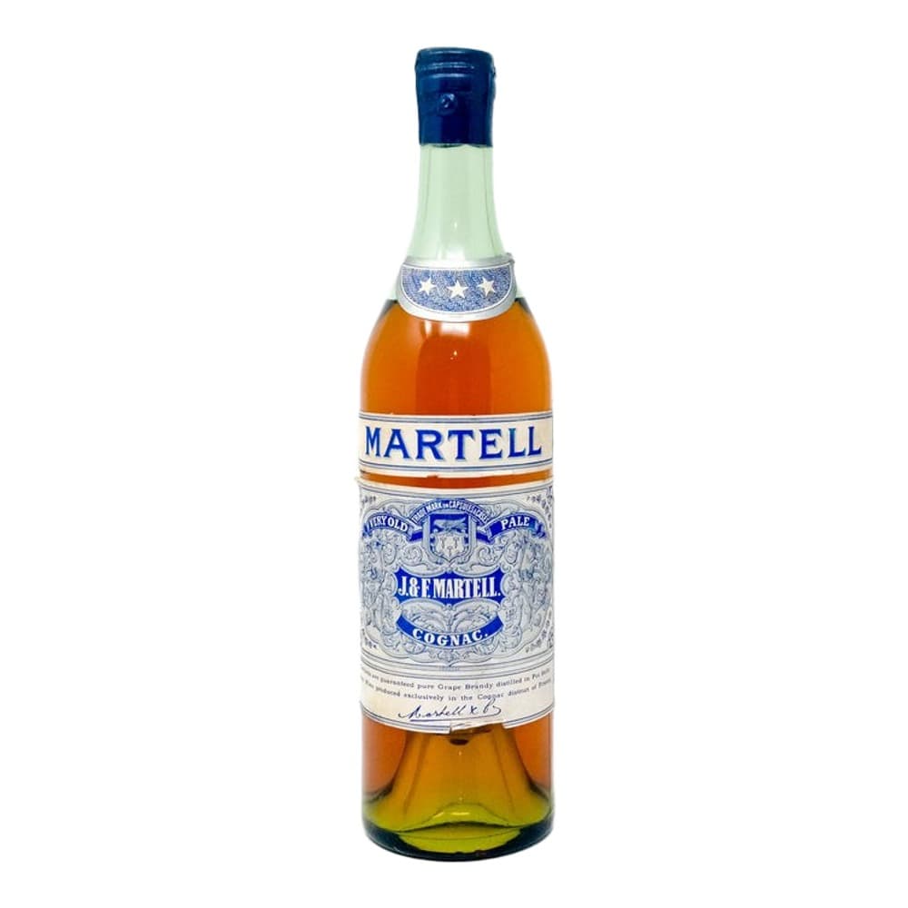 A bottle of Martell Cognac against a white background, featuring a blue cap and ornate white label with blue detailing.