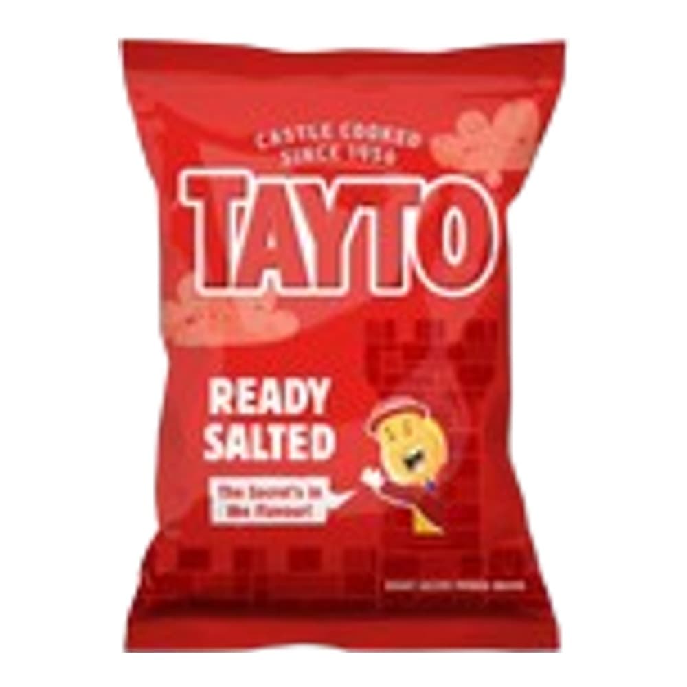 Red packet of Lay's Tato brand ready salted flavour crisps on a plain background