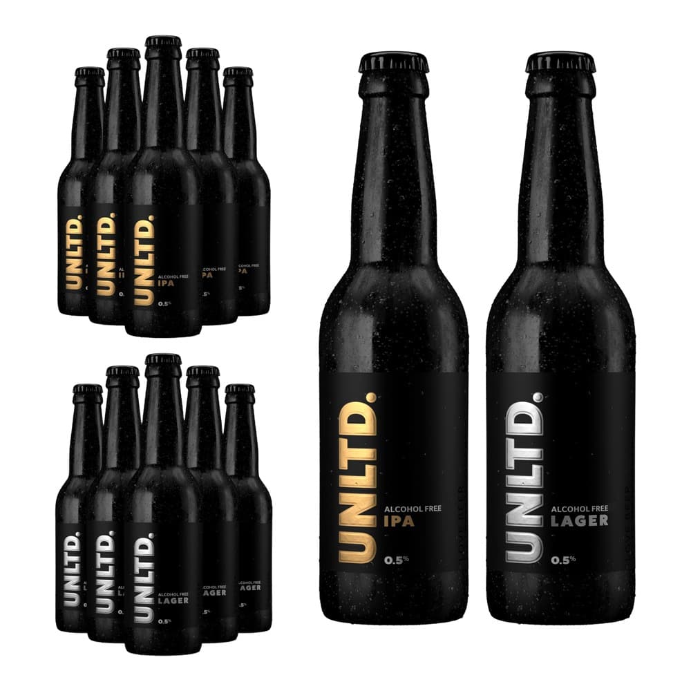 Five black UNTD alcohol-free beer bottles with gold and silver labels, showing both IPA and Lager varieties on a white background