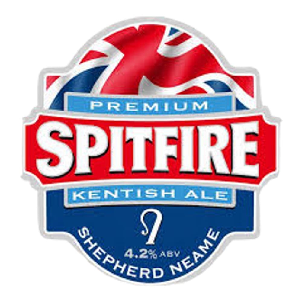 Spitfire Premium Kentish Ale beer badge logo featuring the Union Jack flag and Shepherd Neame branding on a white background
