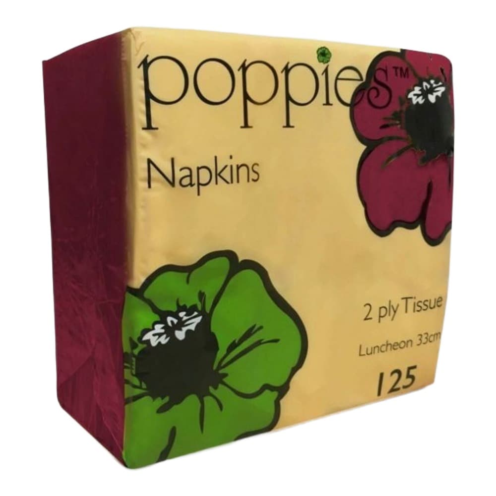 A box of Poppies brand napkins featuring red and green floral designs on a cream-coloured background, displaying product information for 2 ply tissue luncheon napkins.