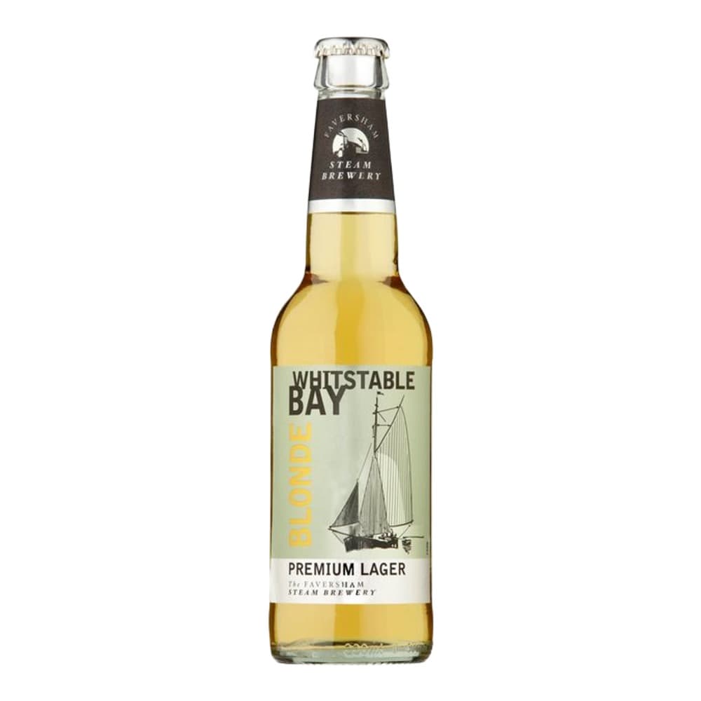 A bottle of Whitstable Bay Premium Lager with a pale golden liquid, featuring a sailing ship illustration on the label against a white background.