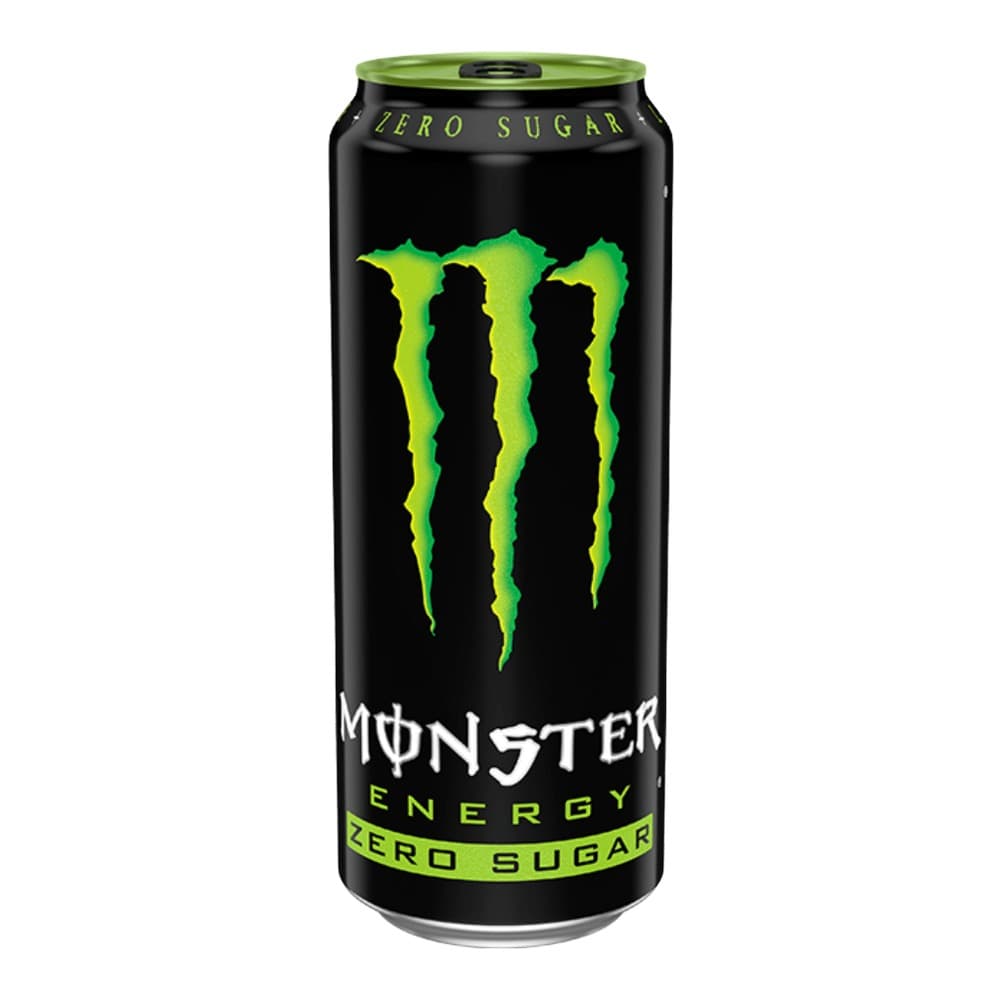 A black Monster Energy drink can with a bright green and lime claw logo and Zero Sugar branding on a white background.