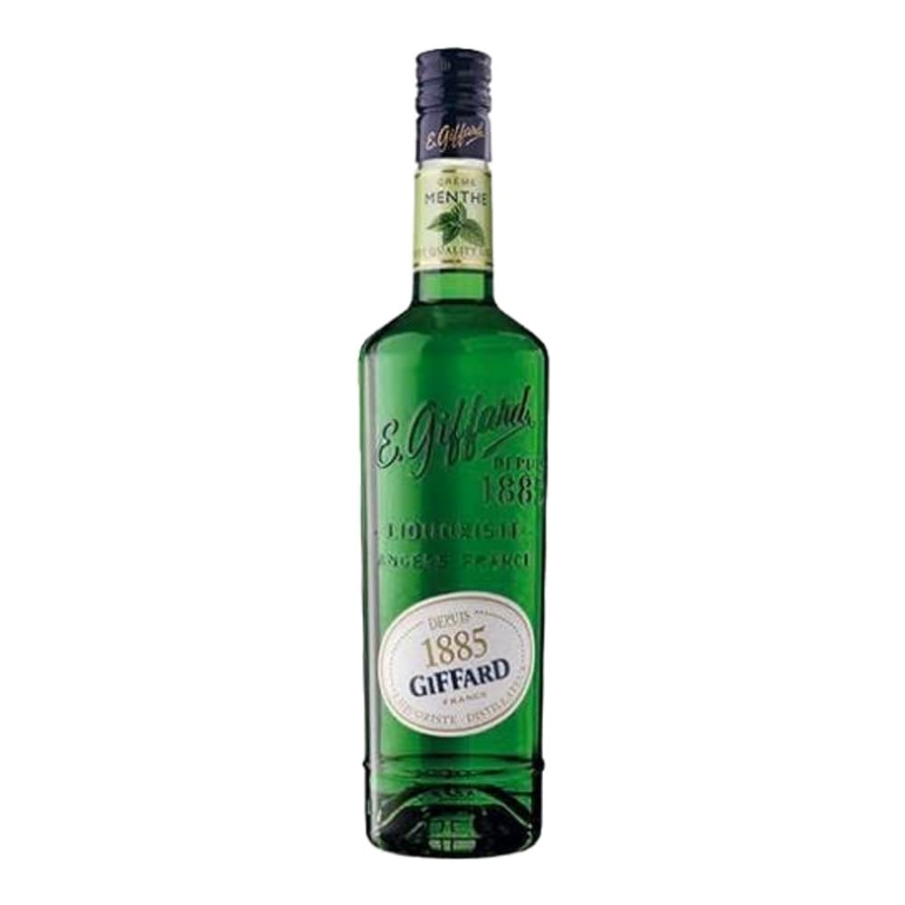 A bottle of green Giffard Menthe liqueur with dark cap against a white background.