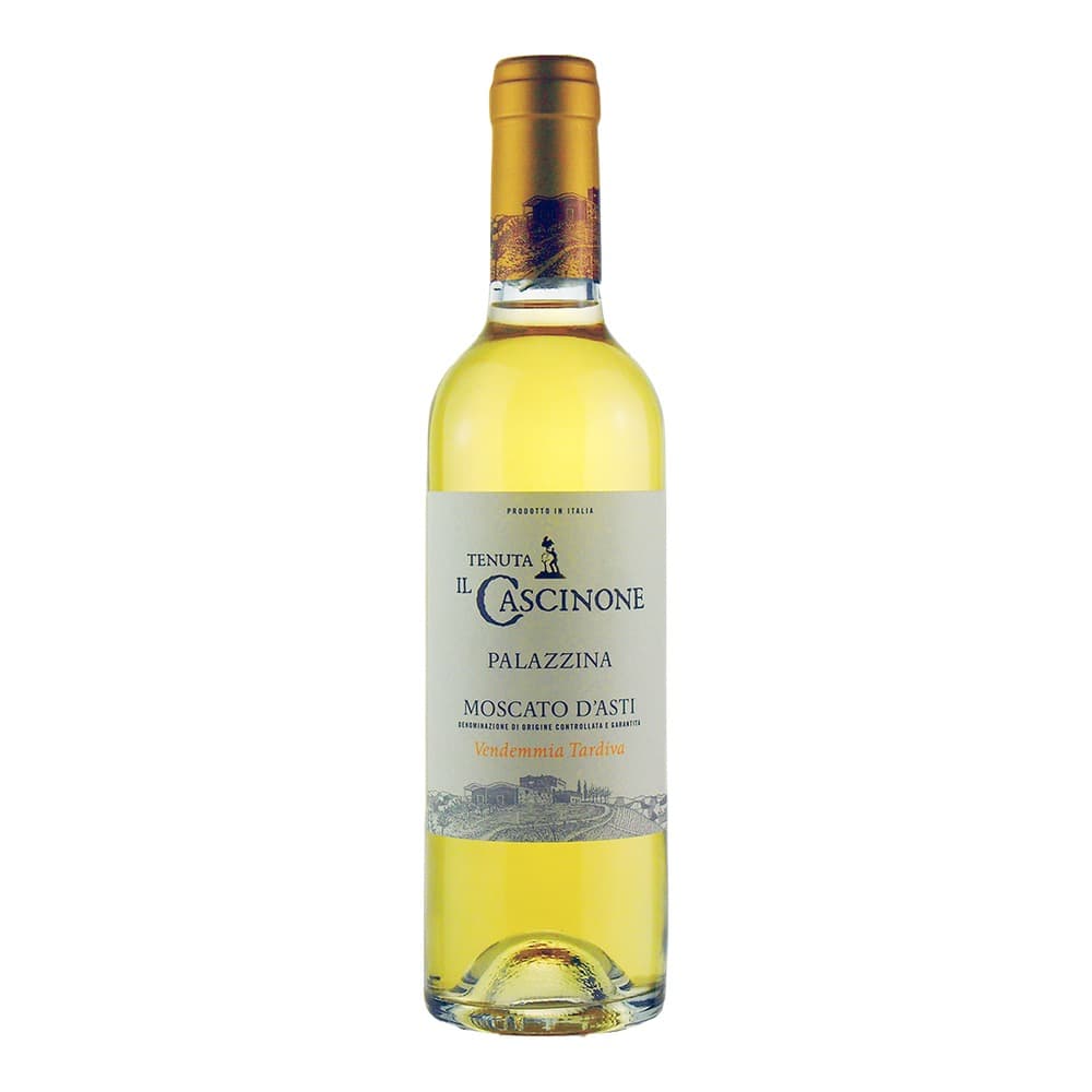 A bottle of Tenuta Il Cascinone Palazzina Moscato d'Asti wine with pale yellow liquid, displayed against a plain white background.