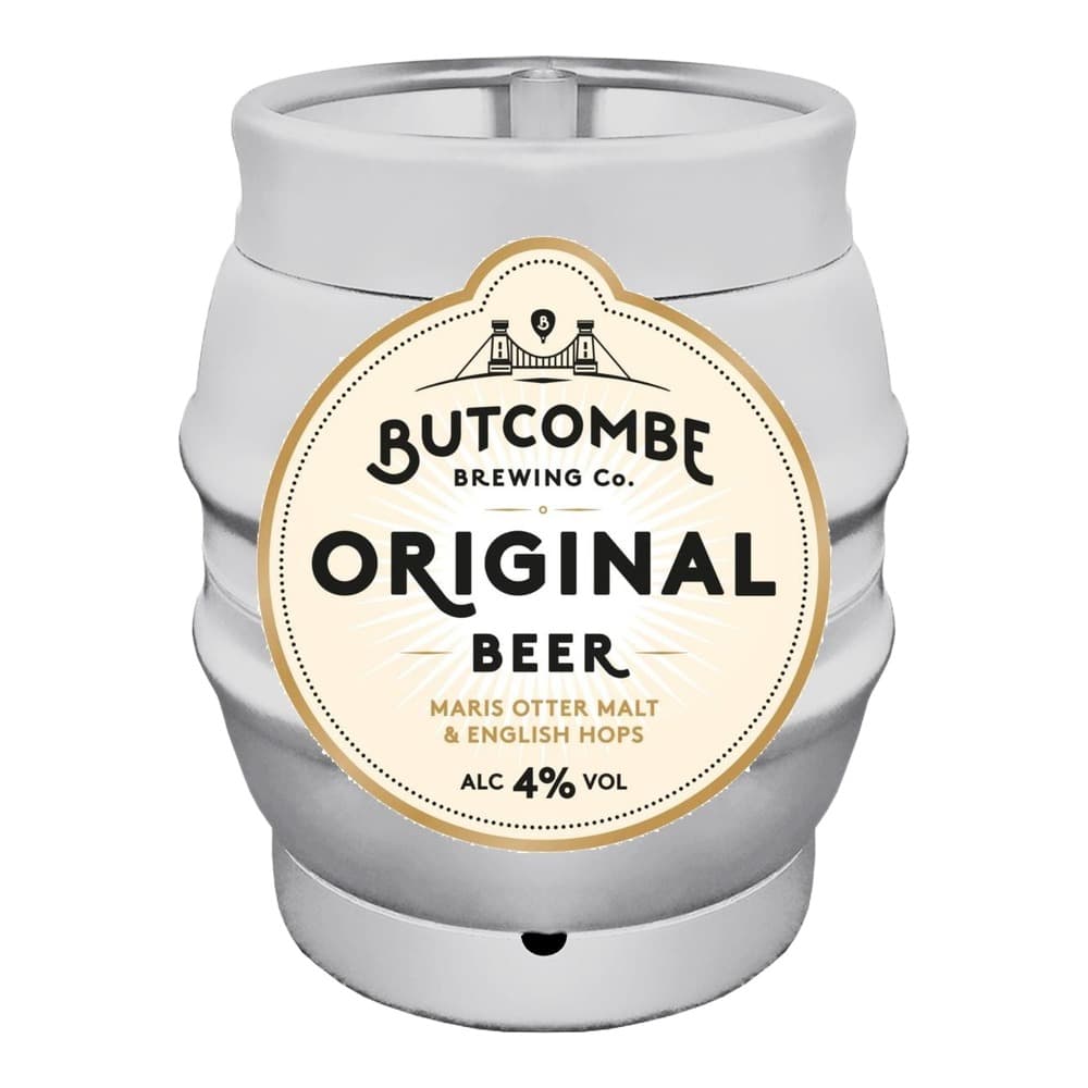 A white metal beer keg with a cream and gold circular label for Butcombe Brewing Co Original Beer, featuring Maris Otter Malt and English Hops at 4% alcohol by volume