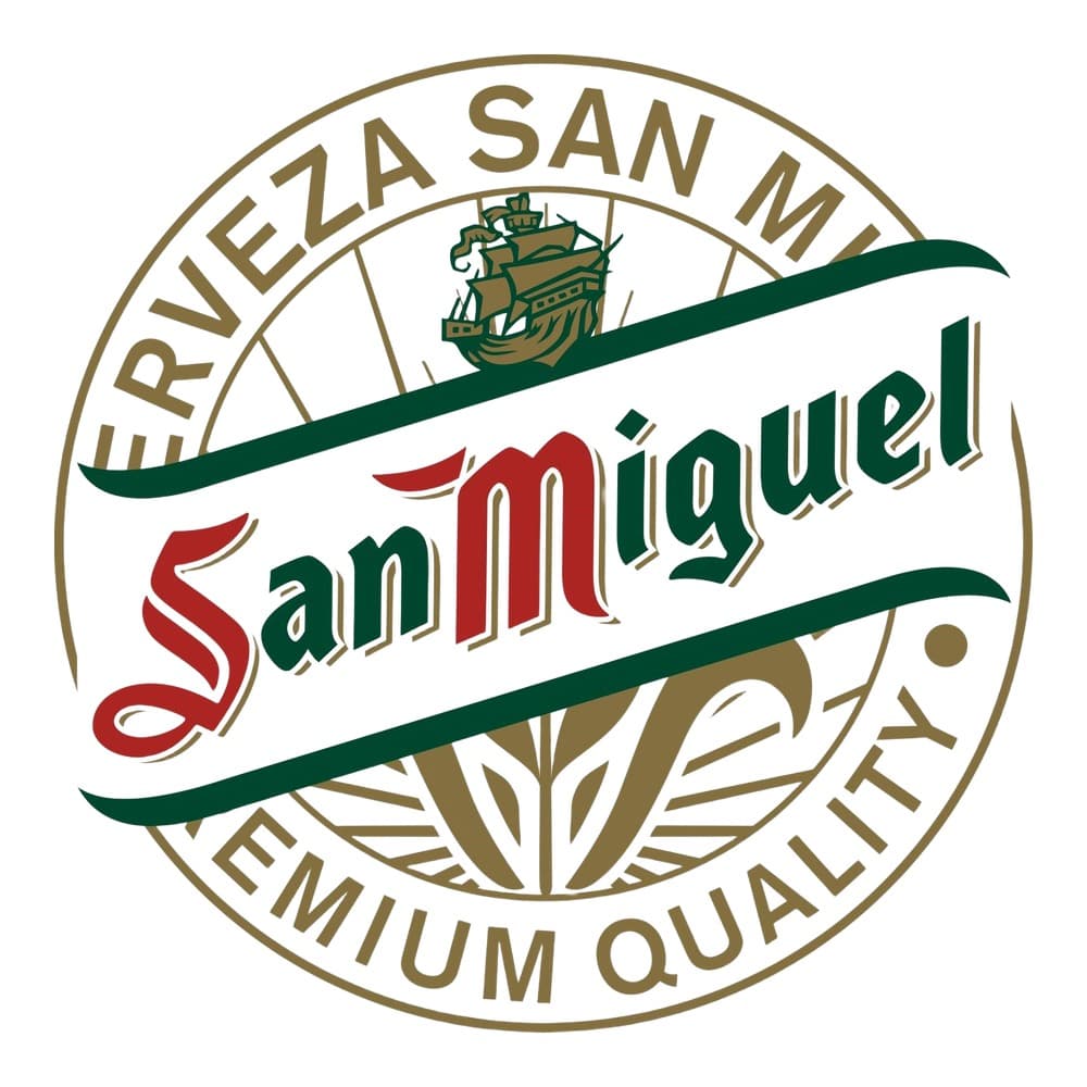 Cerveza San Miguel circular emblem with sailing ship, red and green text on white background, framed by decorative gold and green border