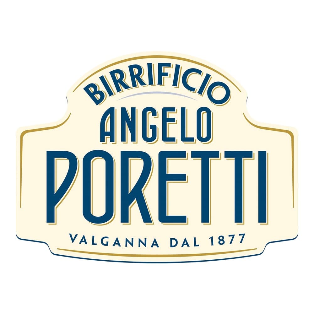 Cream and blue vintage-style brewery logo badge for Birrificio Angelo Poretti, featuring the brand name and text 'Valganna dal 1877'
