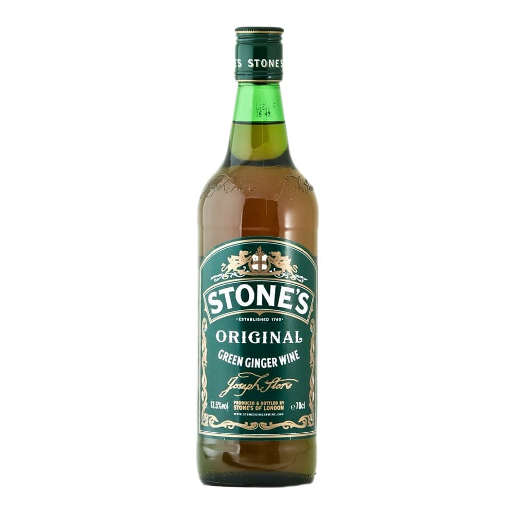 A bottle of Stone's Original Green Ginger Wine on a plain white background, featuring a dark green label with gold decorative elements and established date 1740.
