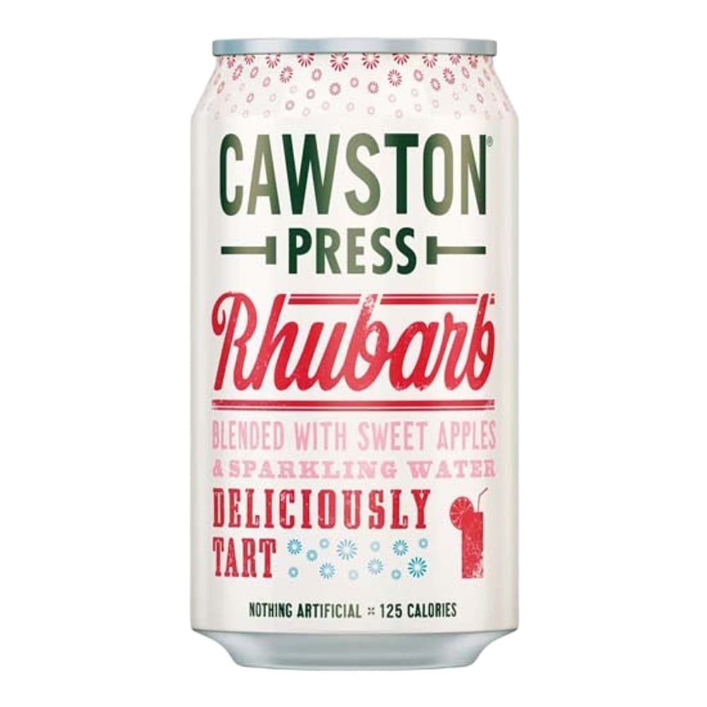 A 330ml aluminium can of Cawston Press Rhubarb sparkling drink blended with sweet apples and sparkling water, featuring a cream coloured label with green and red typography and rhubarb illustrations.