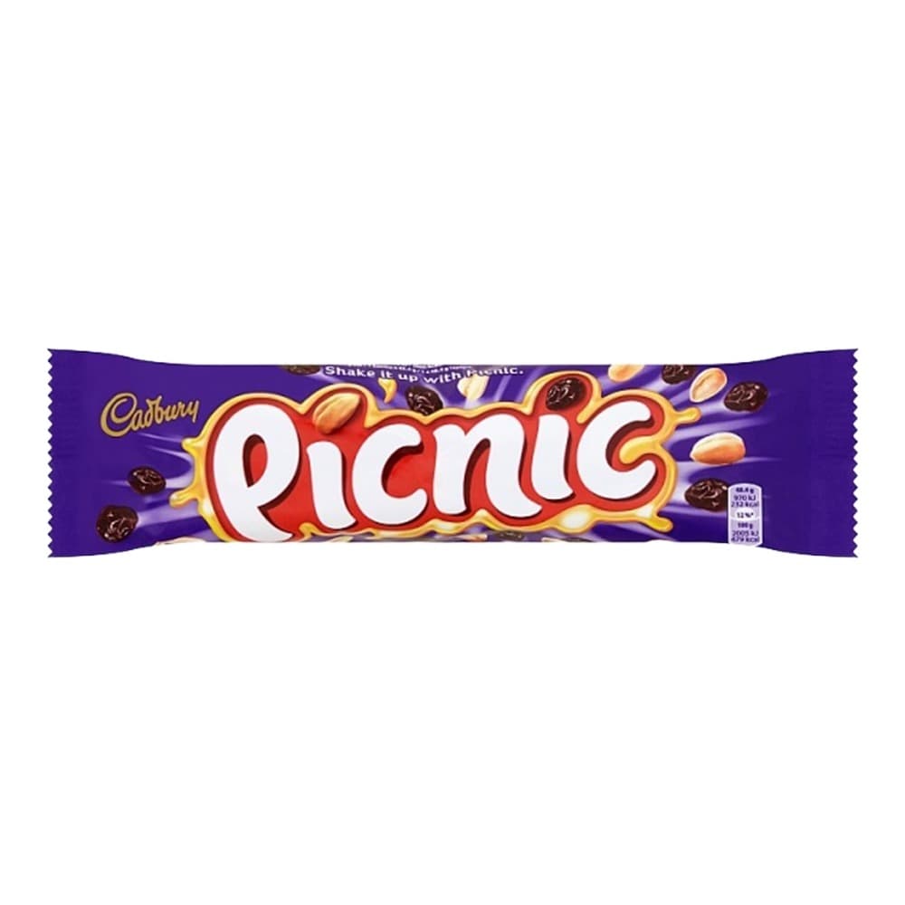 Cadbury Picnic chocolate bar wrapper on a white background showing purple packaging with the Picnic logo and chocolate and biscuit pieces