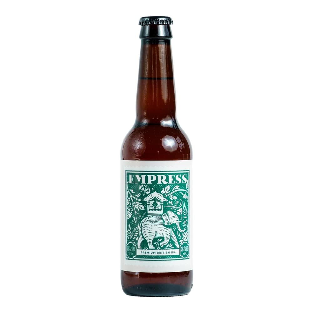 A bottle of Empress Premium British IPA beer with a dark glass bottle, black cap, and white label featuring a green elephant design on a white background.
