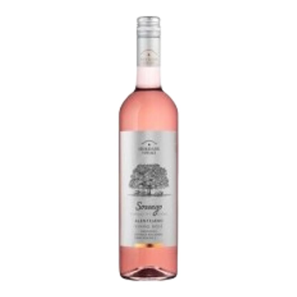 A bottle of pink rosé wine with a white label and silver foil capsule, photographed against a plain white background.