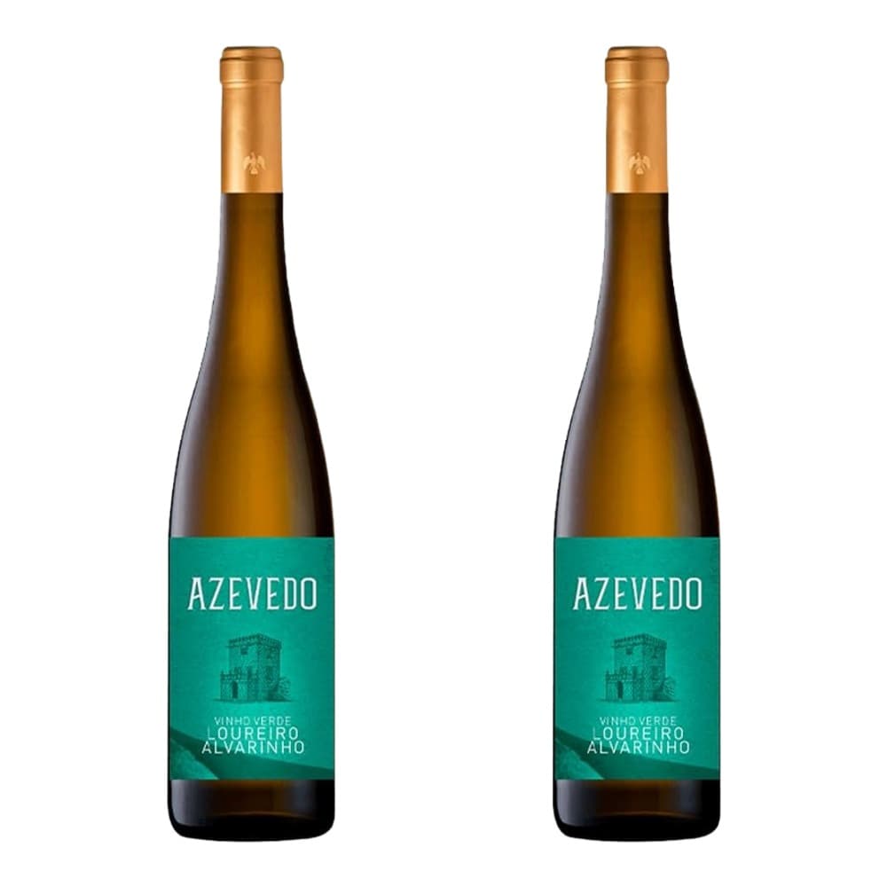 Two bottles of Azevedo Vinho Verde Loureiro Alvarinho white wine with gold capsules and teal labels against a white background.