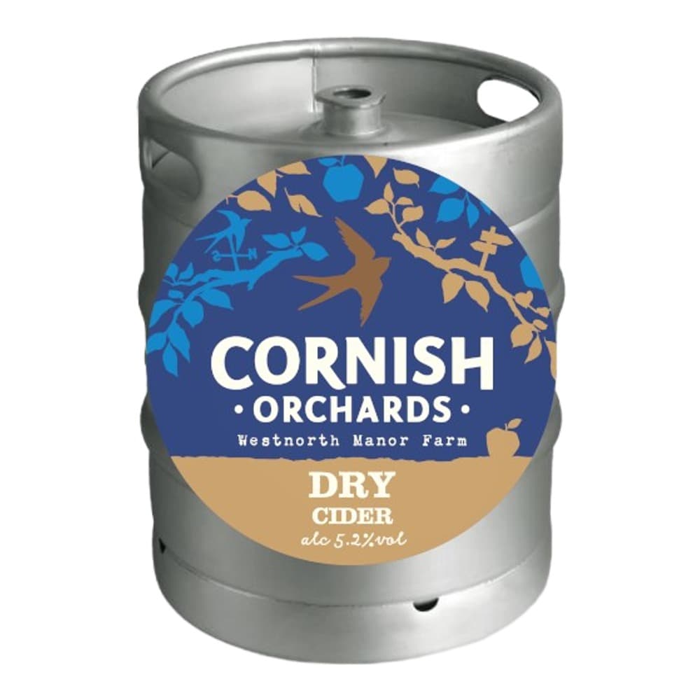 A silver metal keg with a blue and gold circular label for Cornish Orchards Dry Cider from Weetnorth Manor Farm, 5.2% alc vol