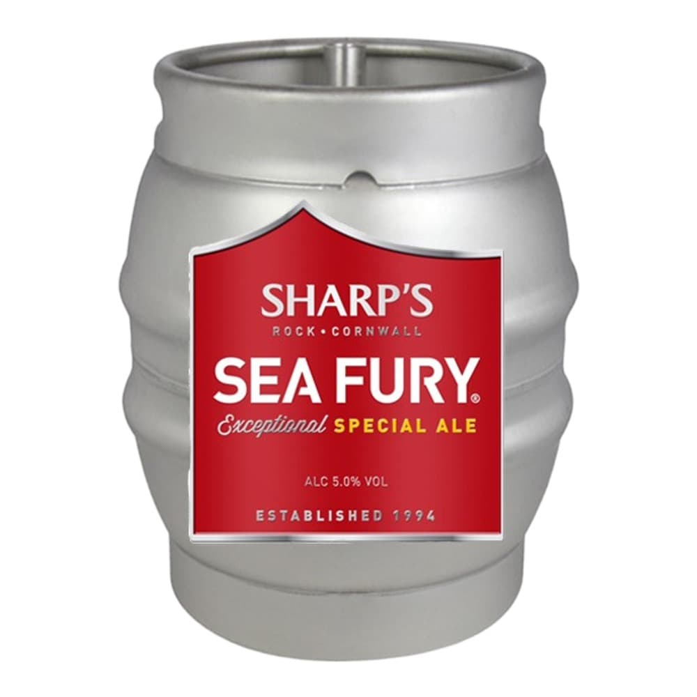 A stainless steel keg with a red label reading 'Sharp's Sea Fury Exceptional Special Ale' from Rock, Cornwall.