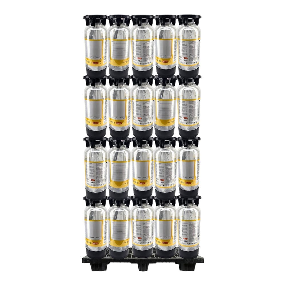Four rows of spray cartridge bottles with yellow and black bands stacked on a black pallet against a white background