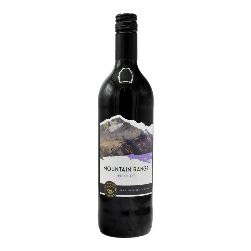 A bottle of Mountain Range Merlot wine from Chile, featuring a snow-capped mountain landscape label on a black background, displayed against a white background.