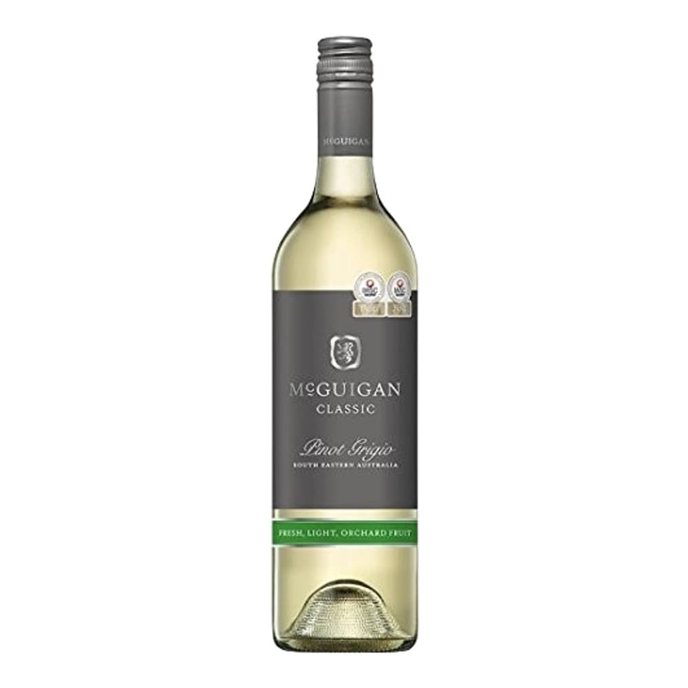 A bottle of McGuigan Classic Pinot Grigio white wine against a plain white background