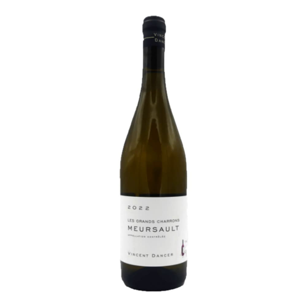 A bottle of Vincent Dancer Meursault 2022 white wine with a black capsule and white label against a plain white background.