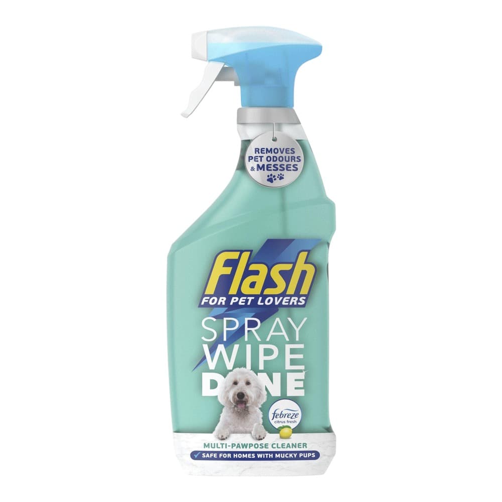 Blue and white trigger spray bottle of Flash For Pet Lovers cleaning product with turquoise liquid, featuring a white dog image and paw print motif on a plain white background.