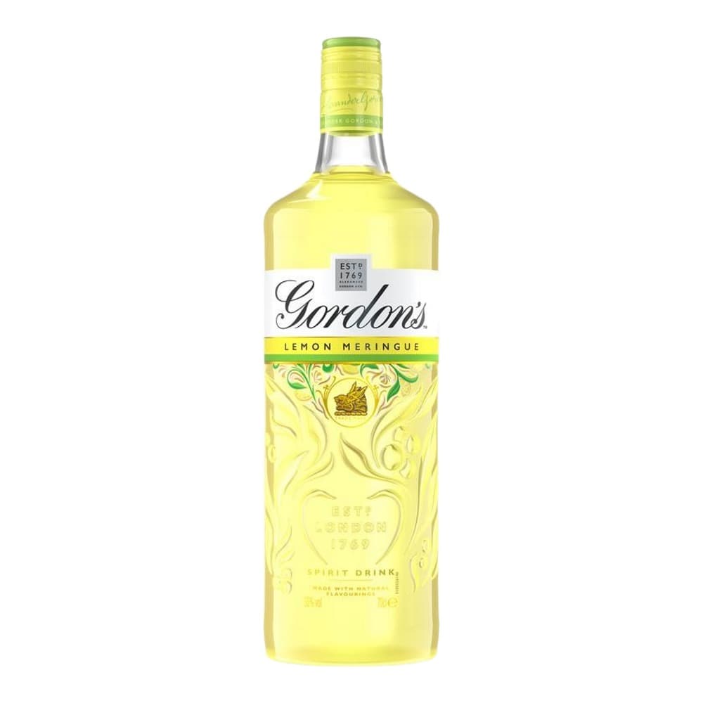 A bottle of Gordon's Lemon Meringue gin with yellow liquid, displayed against a white background.