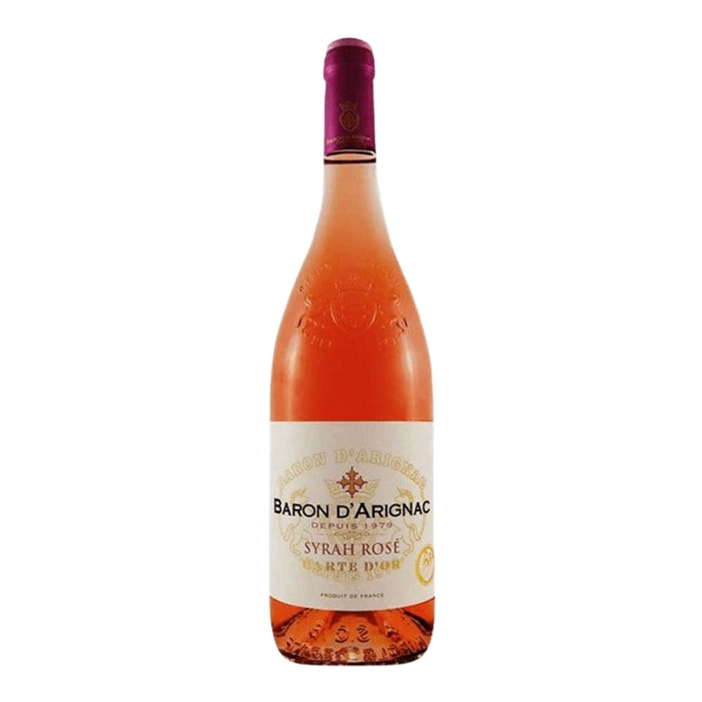 A bottle of Baron d'Arignac Syrah Rosé wine with a burgundy foil cap and cream-coloured label on a white background.