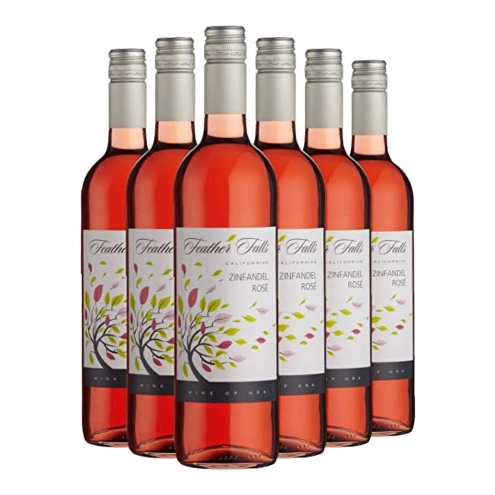 Six bottles of Feather Falls Californian Zinfandel Rosé wine arranged in a row against a white background, displaying the distinctive label with autumn leaf design.