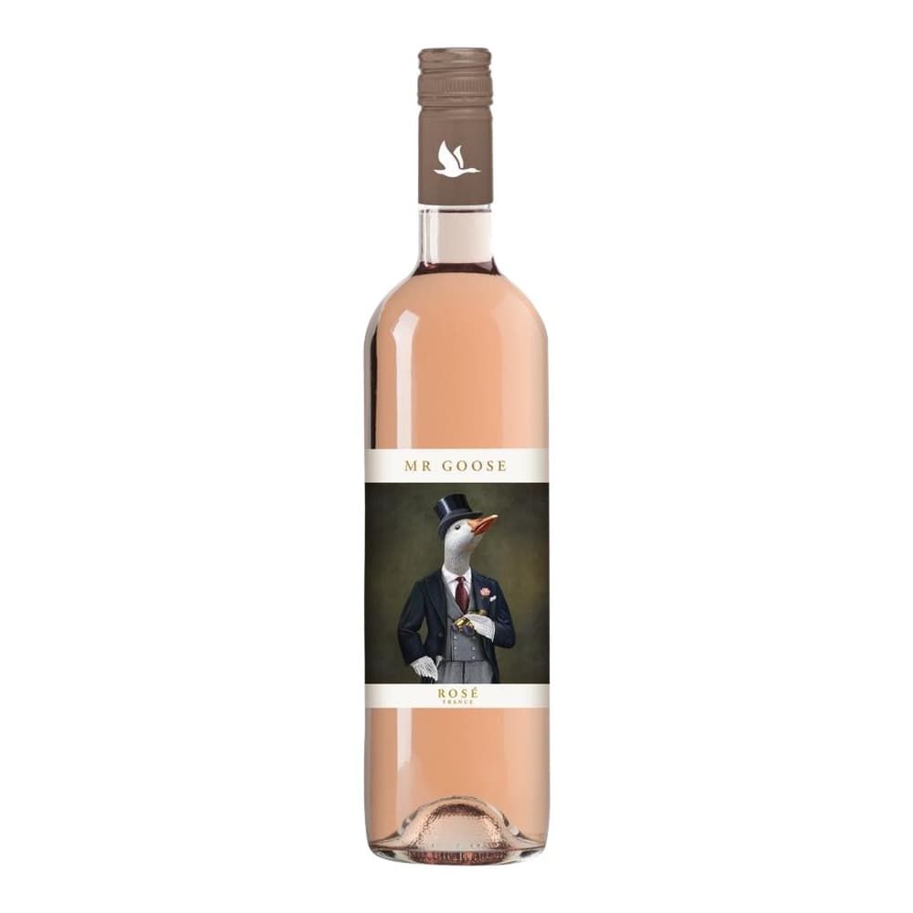 A bottle of Mr Goose Rosé wine from France, featuring an illustrated label with a goose wearing formal attire, set against a white background.