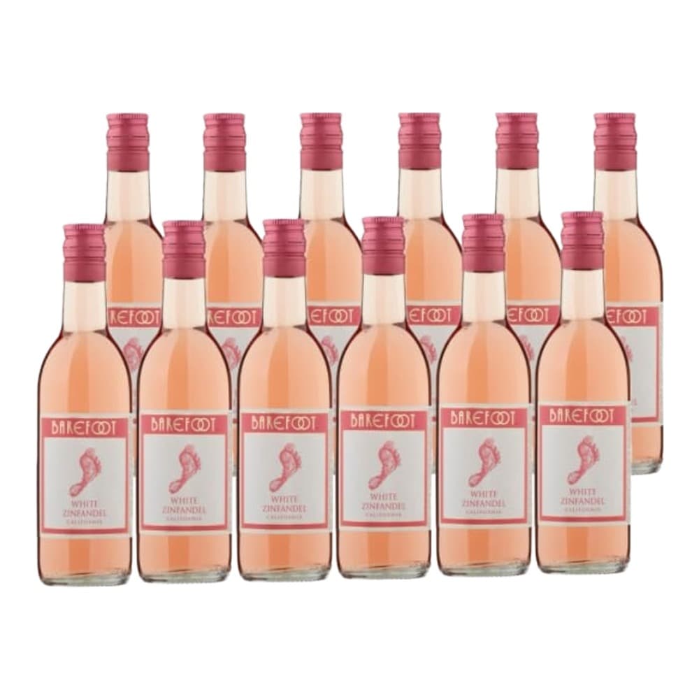 Multiple bottles of Barefoot White Zinfandel wine with pink caps arranged on a white background
