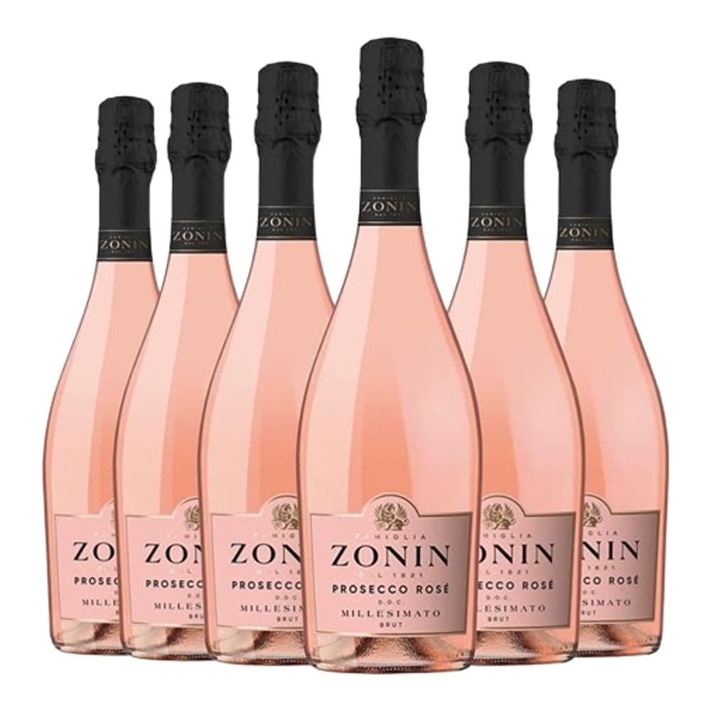 Six bottles of Zonin Prosecco Rosé wine arranged in a row on a white background, displaying pink sparkling wine with black foil caps and labels.