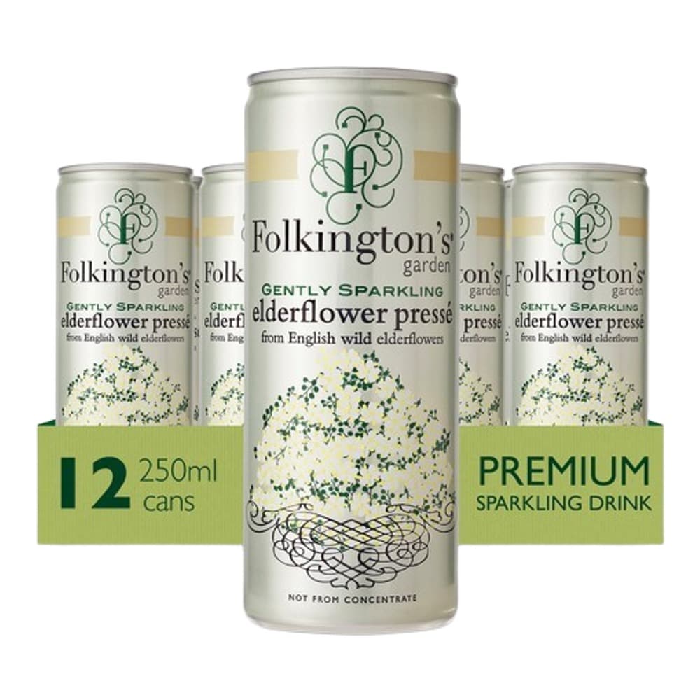 Pack shot of Folkington's gently sparkling elderflower pressé in 250ml cans, showing twelve cans arranged with product branding and label details visible
