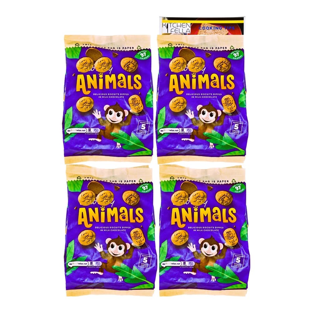 Four packages of Animals brand biscuits dipped in milk chocolate arranged in a grid layout, each featuring a smiling monkey mascot on a purple background.