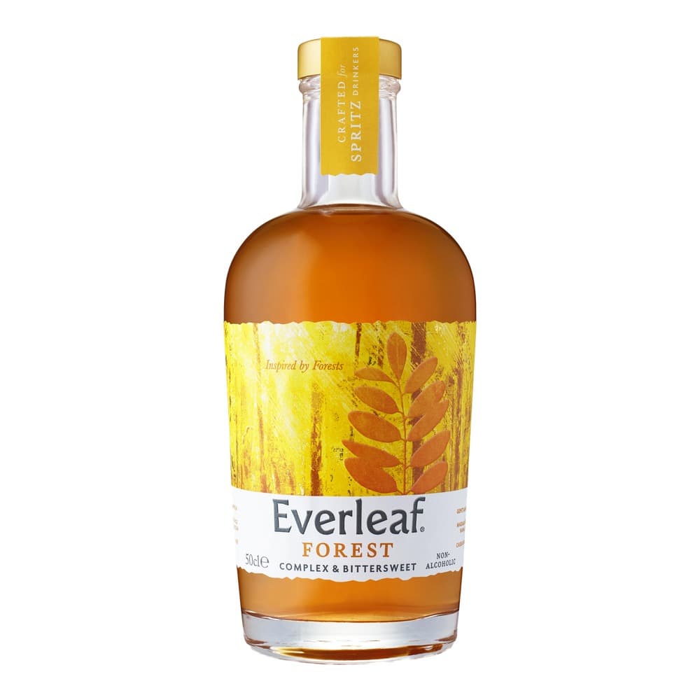 A 50cl bottle of Everleaf Forest non-alcoholic spirit with a golden cap and yellow label featuring autumn leaf designs, displayed against a white background.