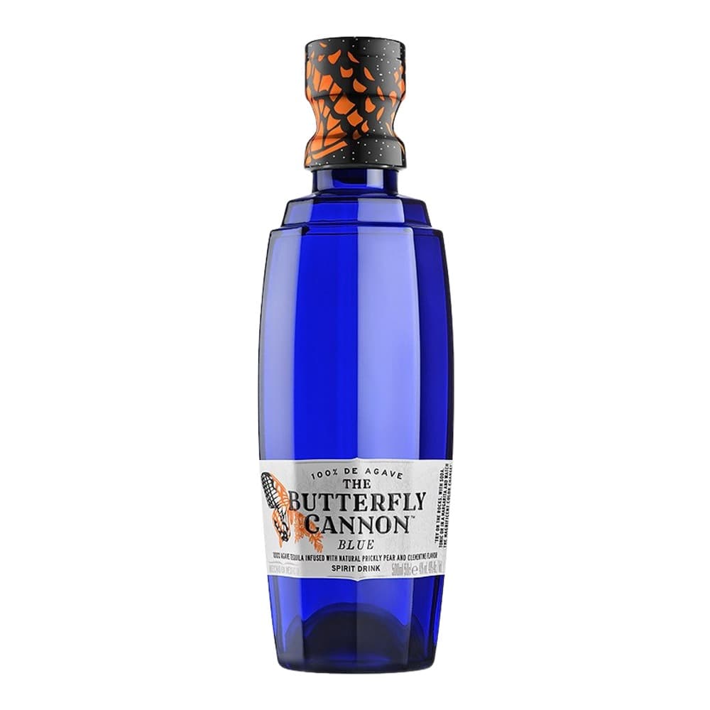 A blue glass bottle of The Butterfly Cannon Blue spirit drink with an ornate black and orange butterfly-patterned stopper, displayed against a plain white background.