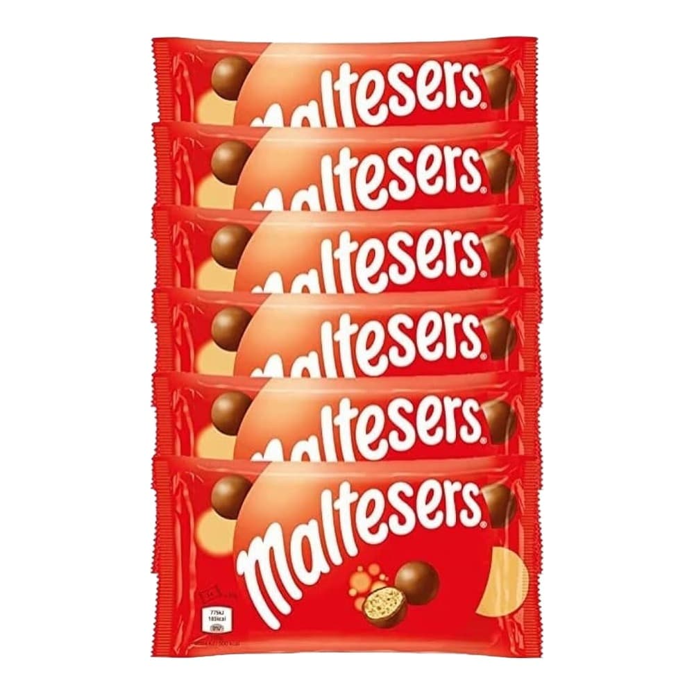 Six individually wrapped Maltesers chocolate bars stacked on a red background showing the product packaging and branding.