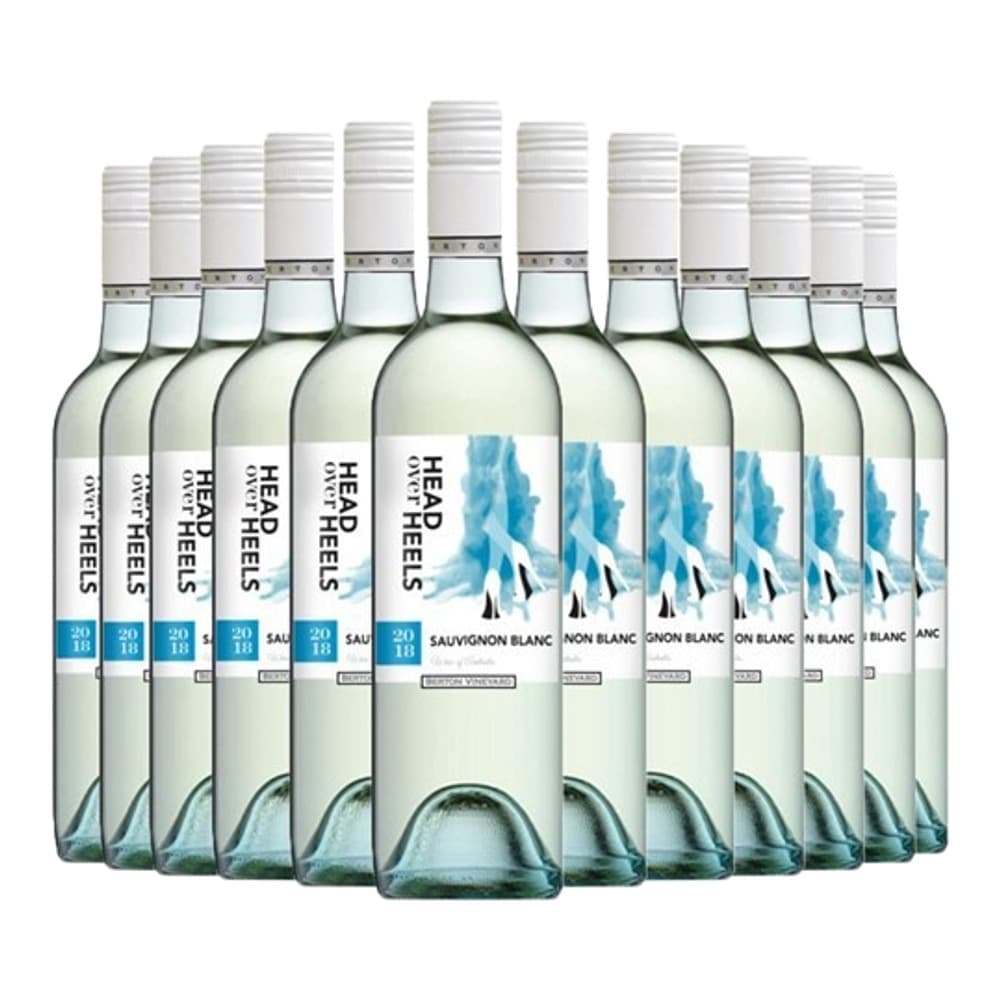 Multiple bottles of Iced Heels Sauvignon Blanc white wine arranged in a row against a white background, featuring white labels with blue iceberg imagery.