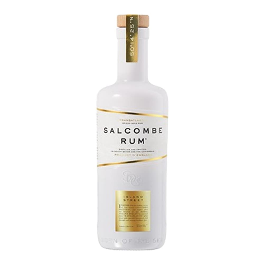 A bottle of Salcombe Rum with a white label and gold foil seal, positioned against a plain white background.