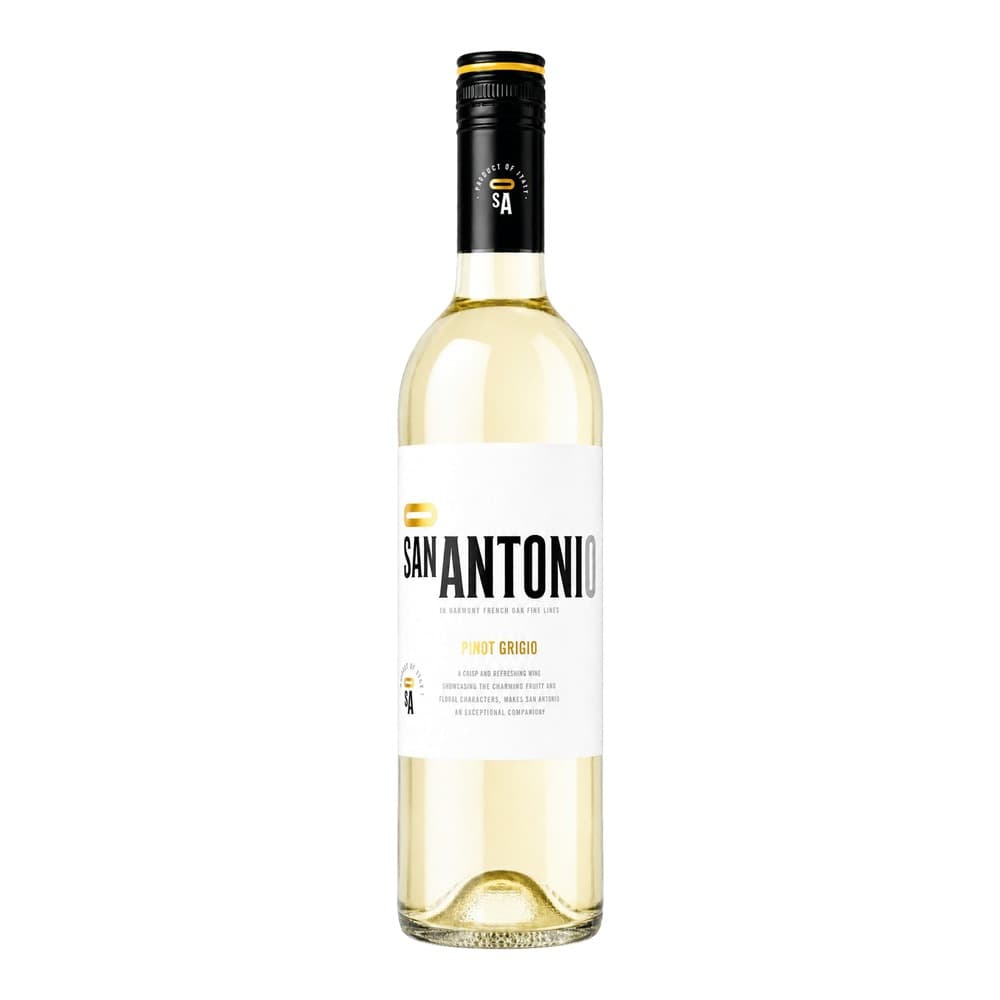 A bottle of San Antonio Pinot Grigio white wine against a white background, featuring a black capsule and white label with gold accents.